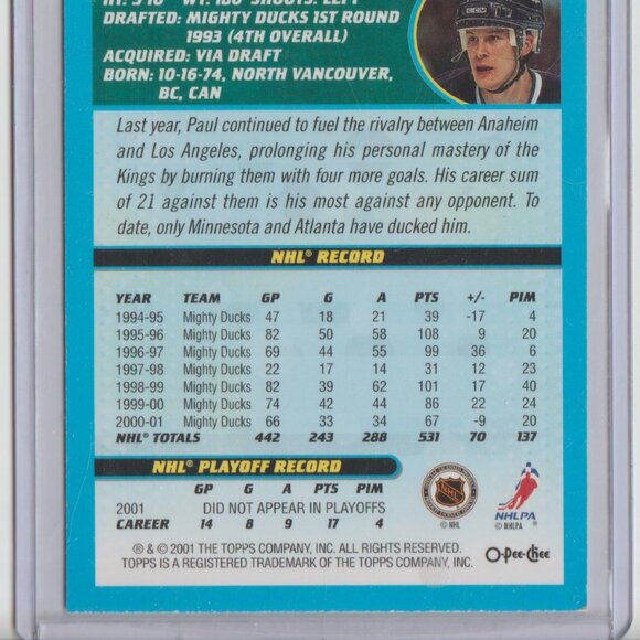 Paul Kariya Anaheim Ducks OPC #4 Box Topper Over Size Jumbo Card 5 1/8'' x 4'' - Picture 5 of 5